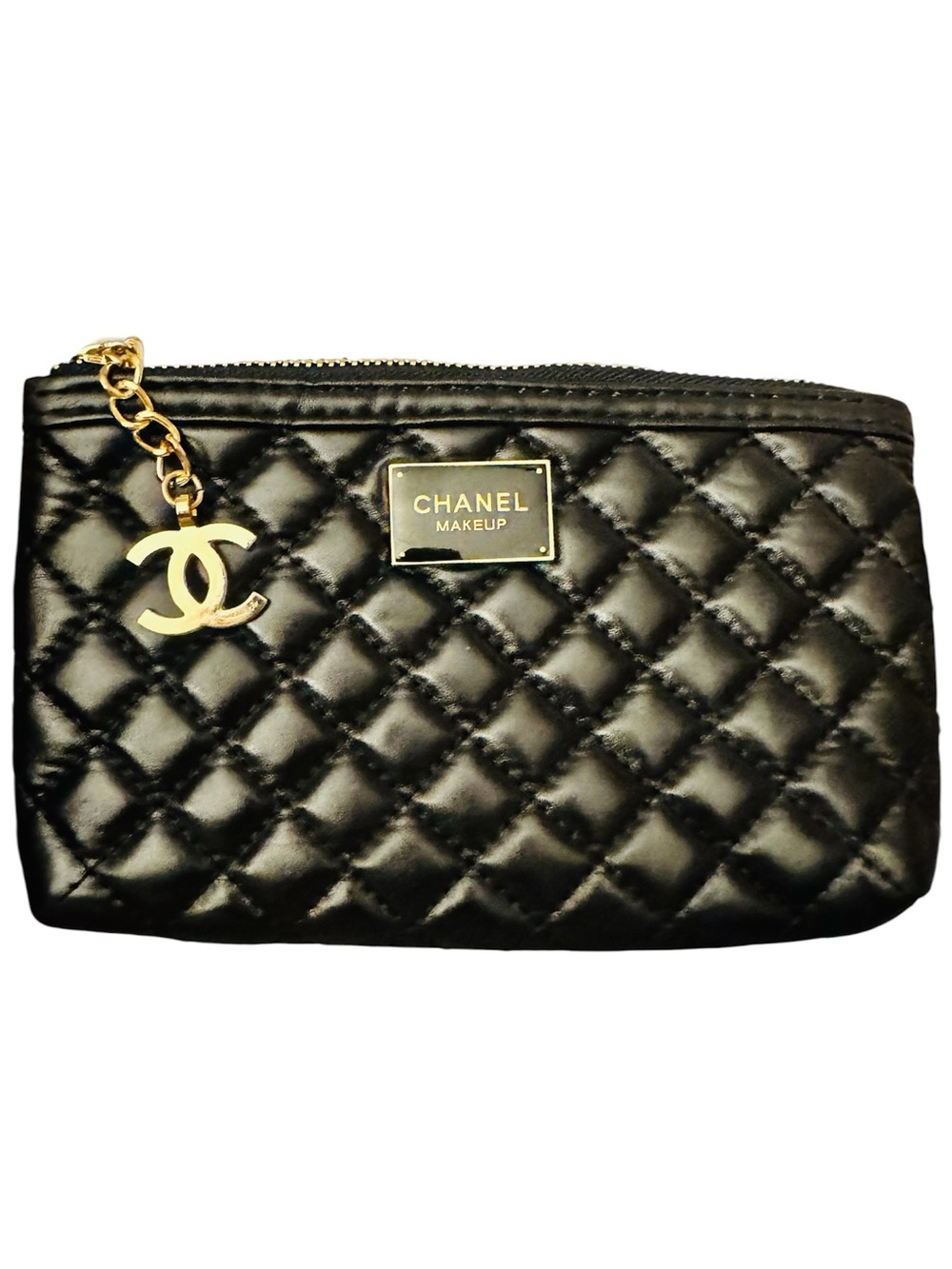 CHANEL Black Quilted Makeup Pouch with Gold CC Charm
